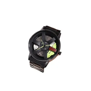 Creative men's sports watch featuring a black car wheel rim dial and metallic band