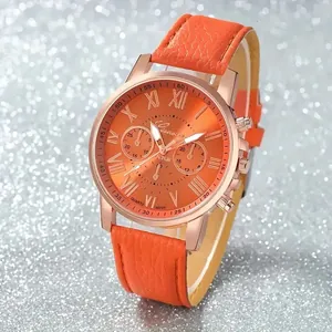 Stylish women's Geneva quartz watch with orange leather strap and Roman numerals