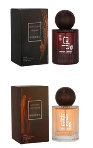 Ebony and Sandalwood perfume set with glass bottles and matching wood-grain boxes