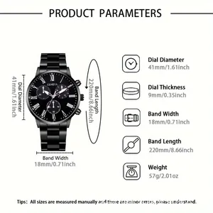 Detailed product specifications for Geneva men's quartz watch with black steel strap