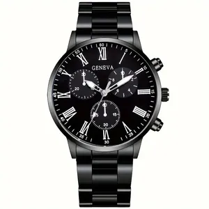Close-up of Geneva men's business quartz watch with black steel band and Roman numerals