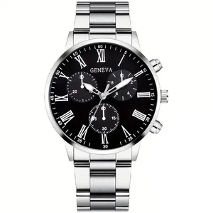 Business casual men's Geneva quartz watch with silver steel strap and black dial