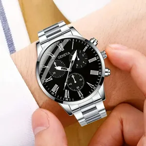 Detail view of silver stainless steel Geneva men's watch with black Roman dial