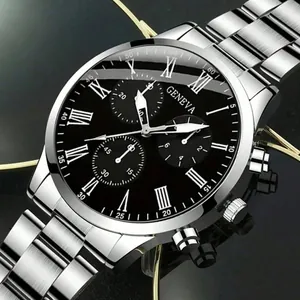 Close-up of Geneva men's silver steel watch featuring black dial and Roman numerals.