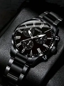 Close-up of Geneva men's black stainless steel quartz watch with white Roman numerals