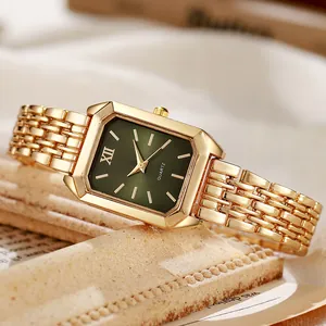 Elegante goldene Damen-Armbanduhr mit quadratischem grünem Zifferblatt und Stahlband