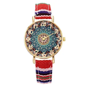 Detailed view of a bohemian style women's quartz watch with colorful mandala dial