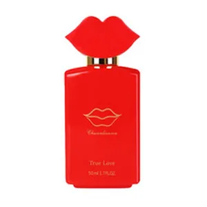 Detailed view of the vibrant red perfume bottle featuring a unique lip-shaped cap design 50ml
