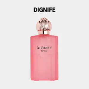 Close-up detail of the DIGNIFE Rose Eau de Parfum 50ml bottle with pink frosted finish