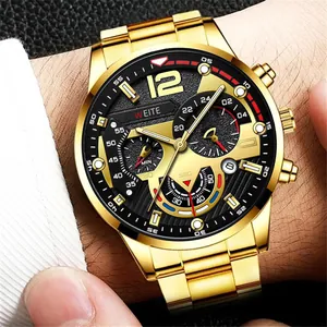 Detailed close-up of luxurious gold-tone men's chronograph watch with black dial and steel band