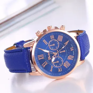 Close-up of Geneva women's quartz watch with blue leather strap and rose gold case