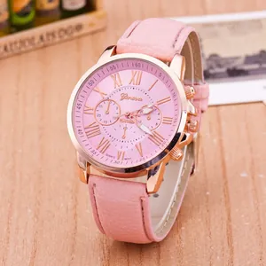 Elegant pink leather strap women's quartz watch featuring rose gold case and Roman numerals