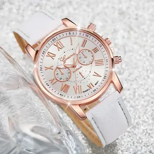 Detailed view of Geneva women's watch with white leather strap and rose gold case