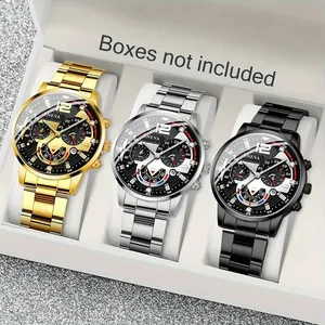 Men Business Sport Quartz Watch Stainless Steel Band Luminous Pointer Big Number 12 Calendar Luminous Analog Wristwatch
