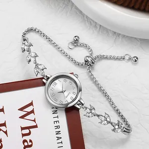 Elegant women's bracelet watch with rhinestone leaf accents and adjustable pull-chain
