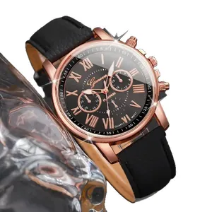 Elegant Geneva quartz watch with black leather strap and rose gold case for women.