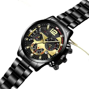 Luxurious men's black stainless steel watch with luminous hands and calendar display