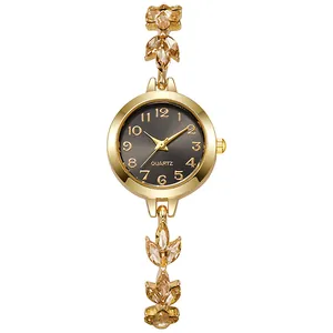 Elegant gold leaf rhinestone bracelet watch with small black dial for women's style