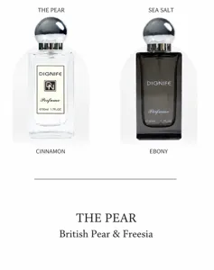 Detailed display of DIGNIFE salon perfume bottles showing English Pear and Sea Salt scents