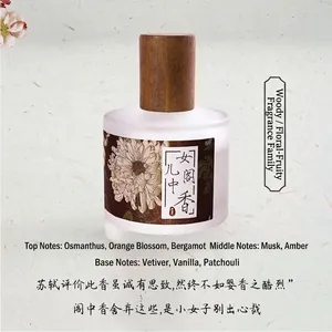 Vista dettagliata del flacone di profumo da donna in stile China-chic con tappo in legno