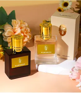 Warmkiss women's perfume bottles and packaging set with floral background and stone stand
