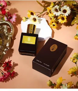Detailed view of WARMKISS 50ml perfume bottle and packaging box with floral props