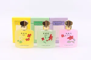 Set di tre profumi floreali 35ml in flaconi smerigliati gialli, verdi e rosa pastello
