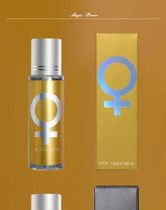 Close-up of 10ml golden rollerball perfume bottle and iridescent symbol packaging box.