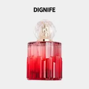 Macro detail of DIGNIFE red ribbed glass perfume bottle and clear crystal cap