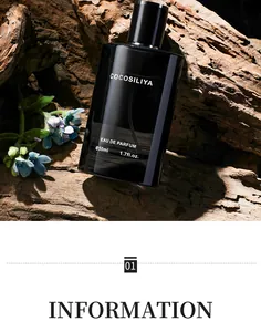 Close-up of COCOSILIYA men's Eau de Parfum bottle on a natural wood background