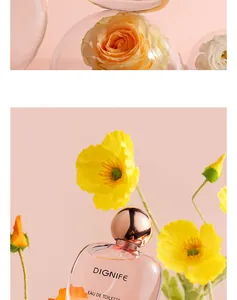Detailed view of DIGNIFE pink eau de toilette glass bottle amidst vibrant yellow flowers