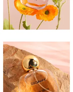 Close-up of DIGNIFE Eau de Toilette perfume bottle with golden cap on natural rock surface