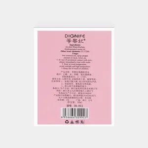 Detailed view of the back label with ingredients for Dignife 50ml pink perfume box