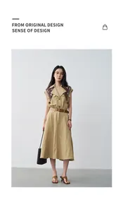 Elegant khaki sleeveless lapel dress with scarf detail and waist belt for summer style