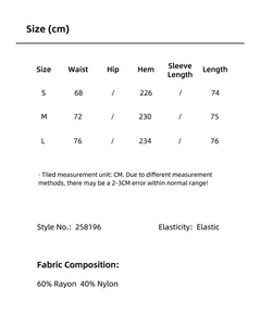 Detailed measurement guide and fabric composition chart for women's tiered cake skirt