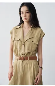 Elegant sleeveless khaki dress with turnover collar and slim fit waist belt detail