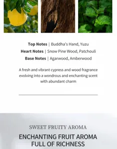 Detailed view of perfume fragrance notes including bergamot, cedar, and patchouli.