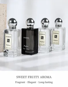 Close-up of DIGNIFE women's salon perfume bottles with elegant silver spherical caps