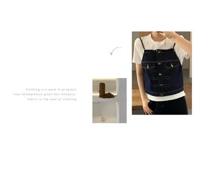 Vista dettagliata di un gilet in denim blu scuro casual con design a bottoni frontali.