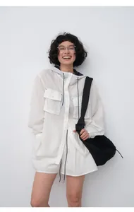 Casual white breathable Tencel ramie shorts and hooded shirt set for summer