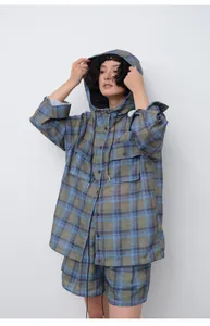 Stylish casual blue plaid hooded shirt with matching breathable ramie blend shorts set.