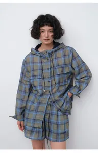 Casual breathable Tencel ramie plaid shorts for women in blue and green plaid