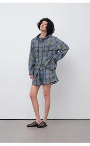 Casual Tencel ramie blue plaid shorts set for women with breathable hooded jacket