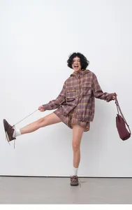 Full view of women's casual plaid shorts set in breathable tencel ramie fabric