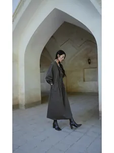 Elegante Vestido Maxi de Camisa Algodón Manga Larga Color Sólido Lazada Vestido Vintage Ropa de Mujer Para Diario Fiesta Vacaciones