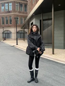 Premium black thermal shark yoga leggings for women styled in a chic outdoor autumn street setting