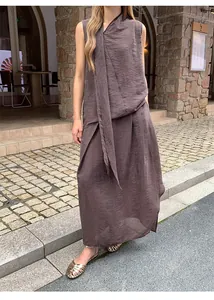 Elegant brown irregular pleated sleeveless top and long maxi skirt set for women's summer fashion