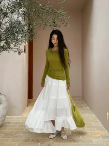 Women Irregular Tiered Maxi Skirt Elastic High Waist Layered A-Line Long Skirt Cotton Nylon Patchwork Casual Summer Bottoms