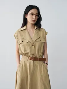 Elegant khaki sleeveless A-line midi dress with lapel collar and brown waist belt