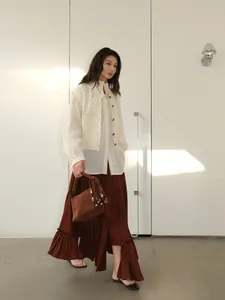 Elegant brown irregular long tiered cake skirt with elastic waist for women fashion.